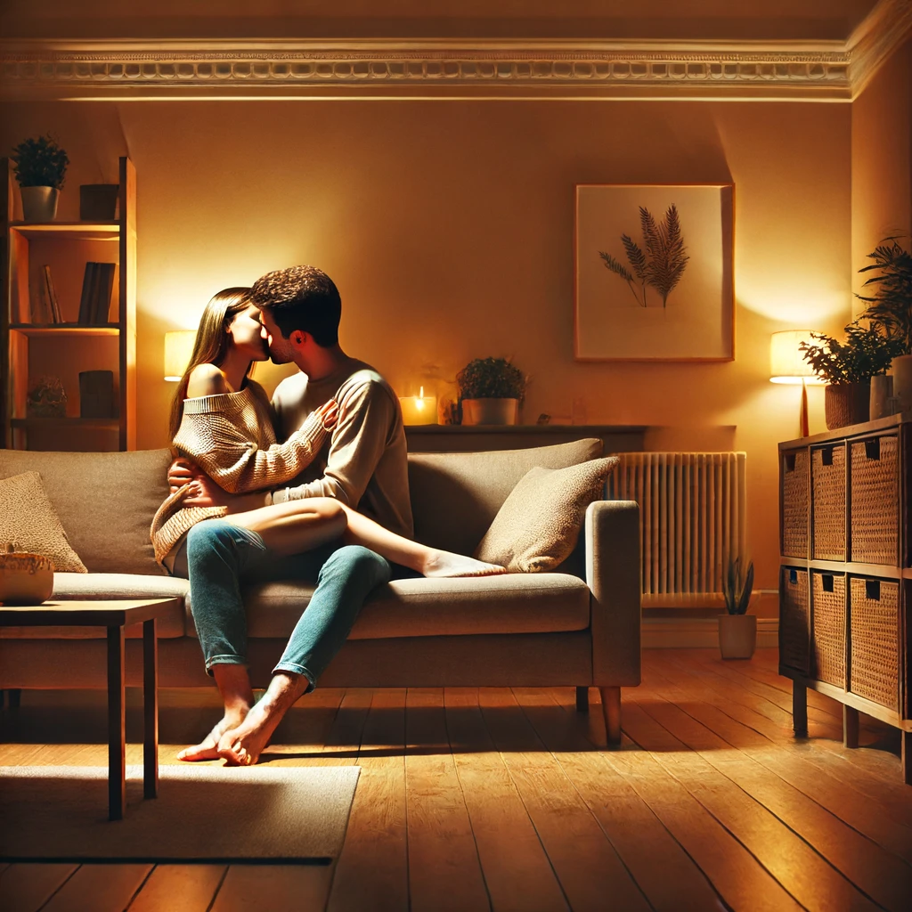 DALL·E 2024 06 17 22.44.04 A couple making out on a couch in a cozy living room setting. The room has warm lighting, a simple yet comfortable decor, and no clutter. The couple i