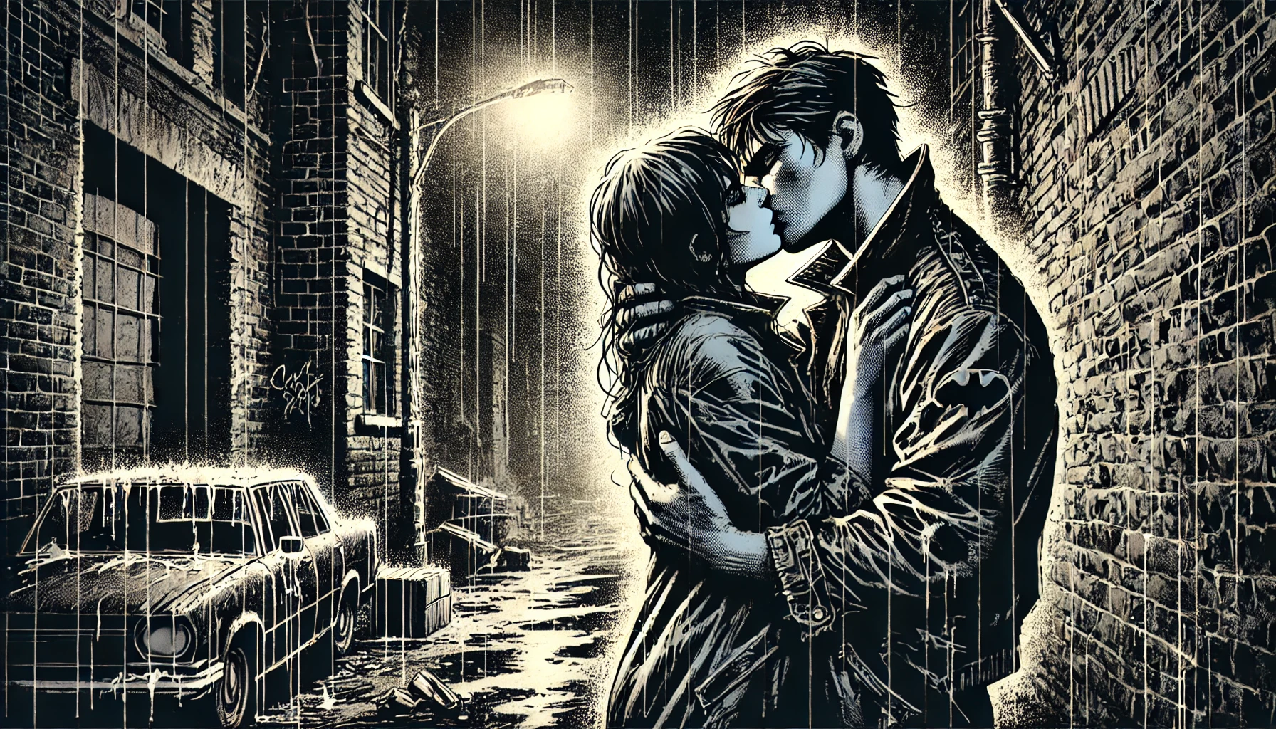 DALL·E 2024 06 29 14.40.08 A gritty, hand drawn comic book style image of a couple kissing passionately. The couple is standing in a dark, rain soaked alleyway illuminated by a