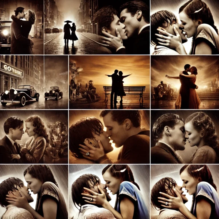 DALL·E 2025 01 28 21.54.47 A collage of iconic movie kisses, featuring various couples in dramatic and romantic moments. The image captures different eras of cinema, from classi